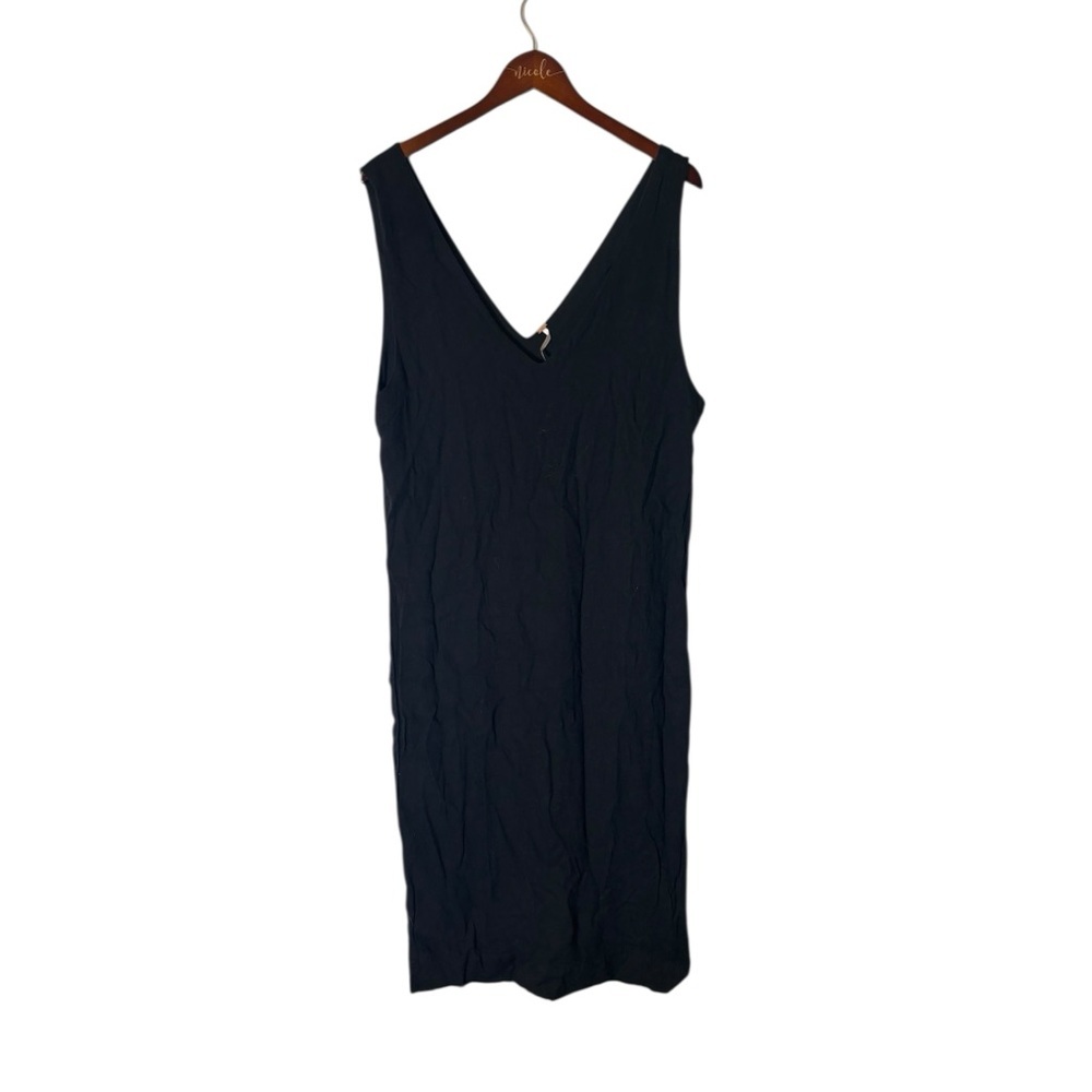 Free People Black Linen Slip Dress Button V Neck Size Large Boho Preppy Smocked